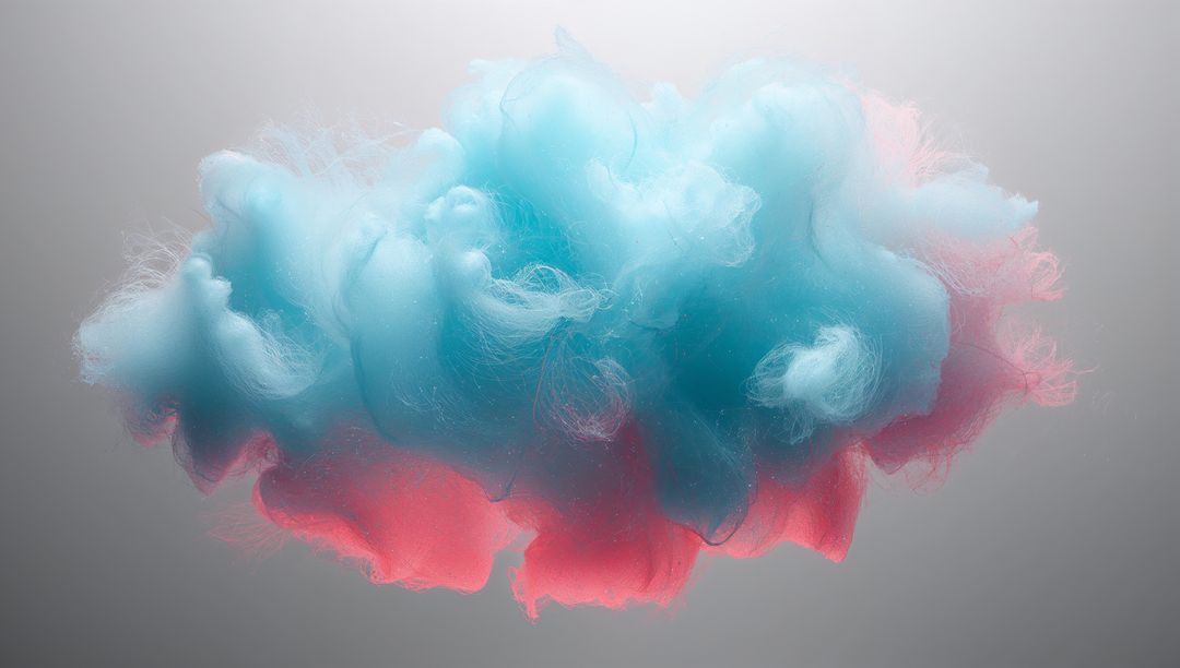 Pastel Cyan Pink Fibrous Cloud Sculpture Suspended with Wispy Filament Texture