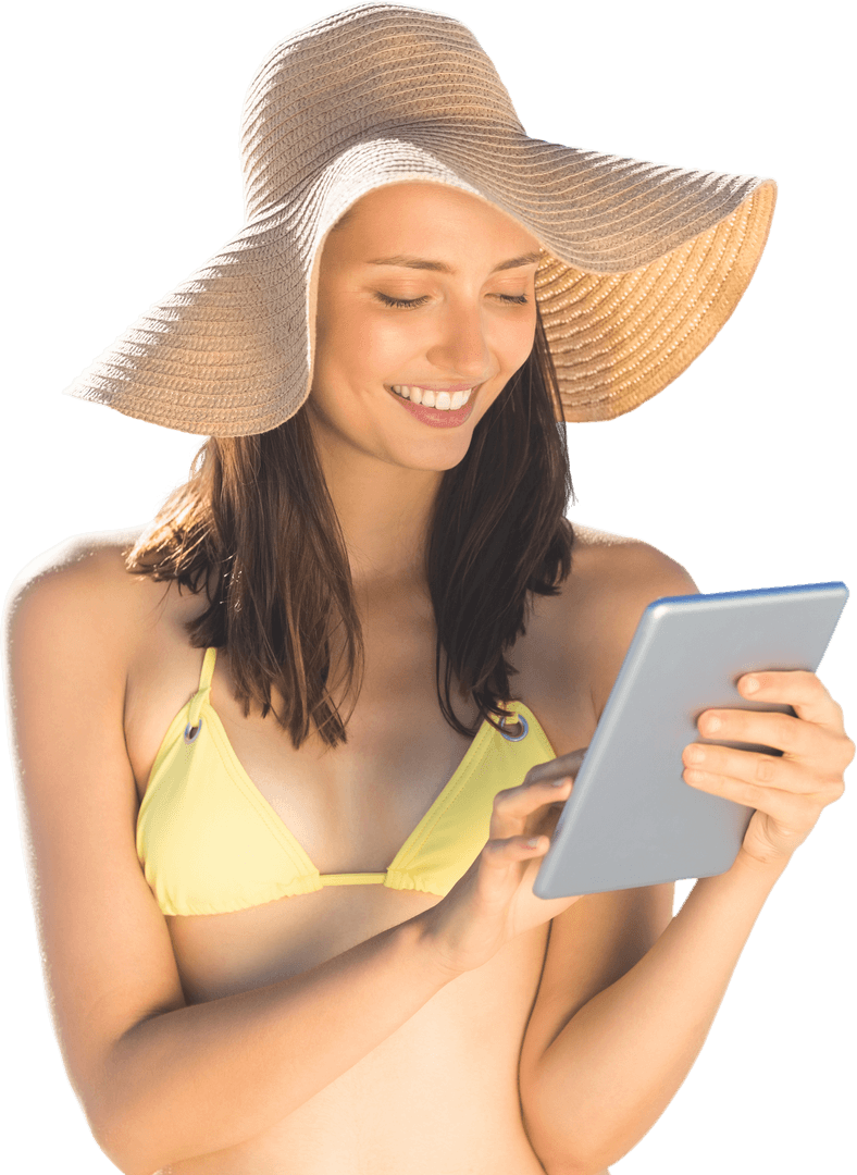 Caucasian Woman in Swimsuit Using Tablet on Transparent Background
