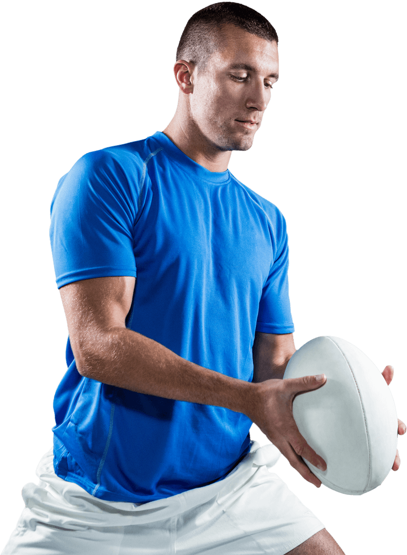 Transparent Image of Rugby Player Holding Ball in Blue Jersey
