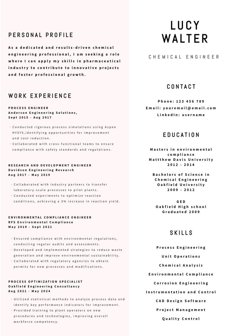 Professional Chemical Engineer Resume Template Highlighting Work Experience and Skills - Download Free Stock Templates Pikwizard.com
