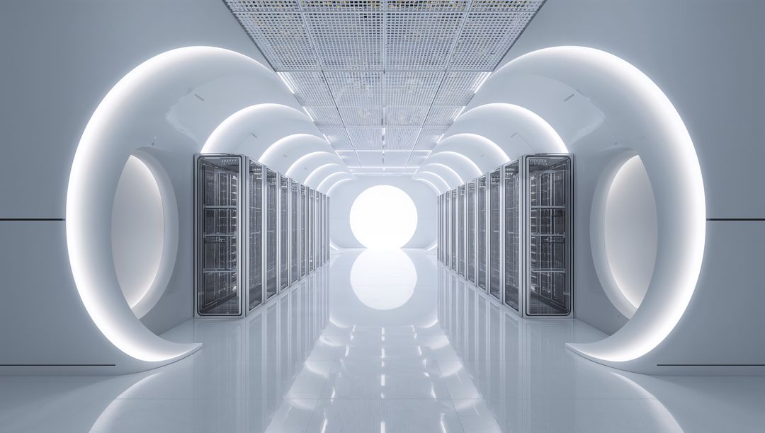 Futuristic Data Center with Glow Portal and Stylish LED Racks
