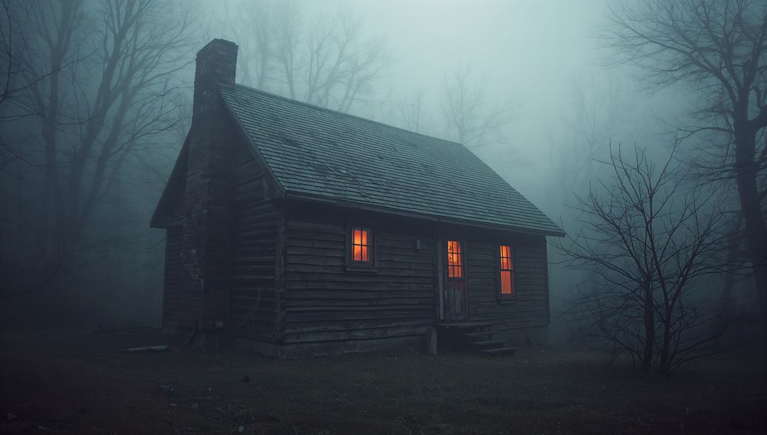 Rustic Cabin with Glowing Windows in Misty, Foggy Forest Setting