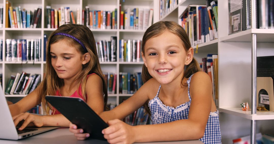 Smiling Schoolgirl Using Digital Tablet in Library - Free Images, Stock Photos and Pictures on Pikwizard.com