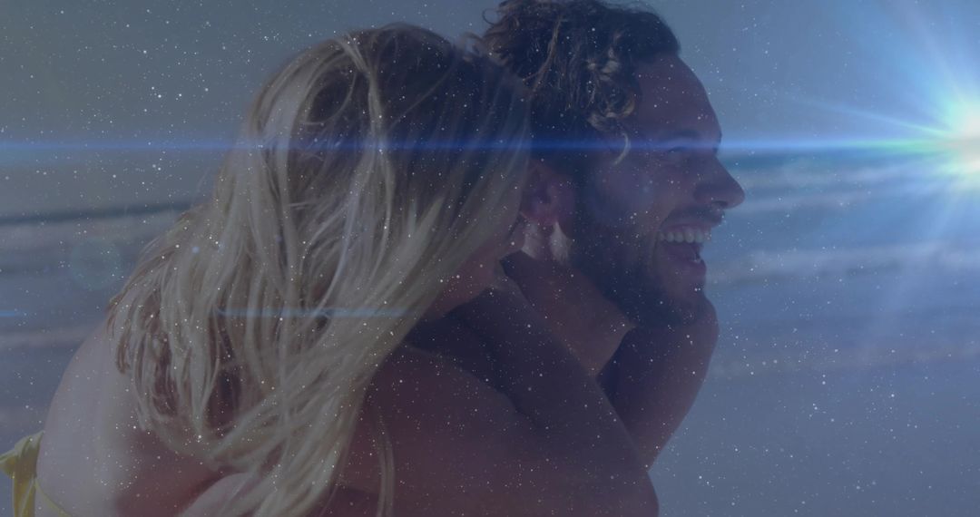 Couple Enjoying Beach Piggyback Under Sun Flare