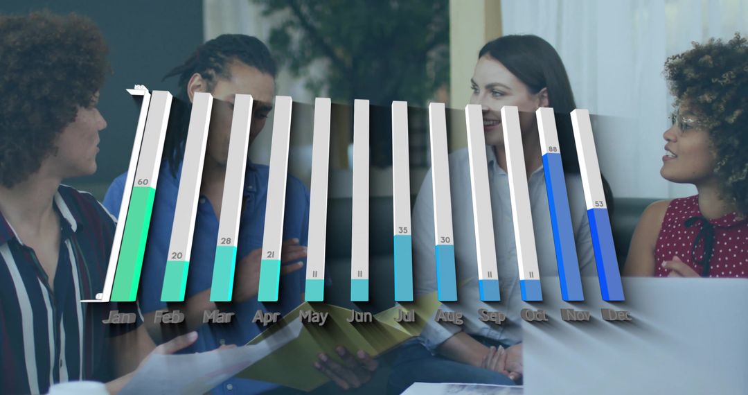 Team discussing monthly performance with 3D bar chart overlay in collaborative office presentation