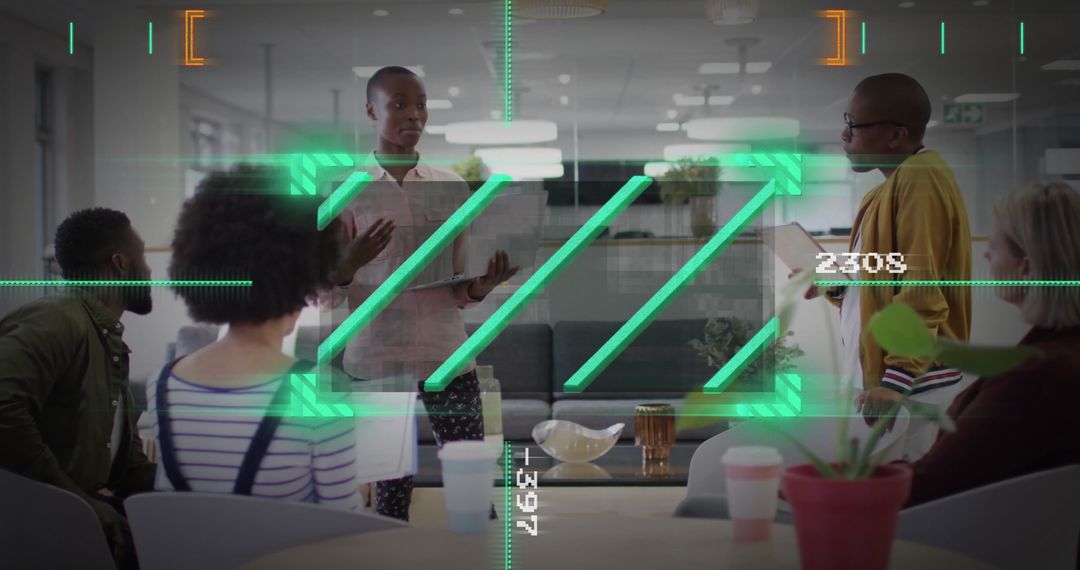 Innovative Teamwork Meeting Featuring Modern Technology Overlay