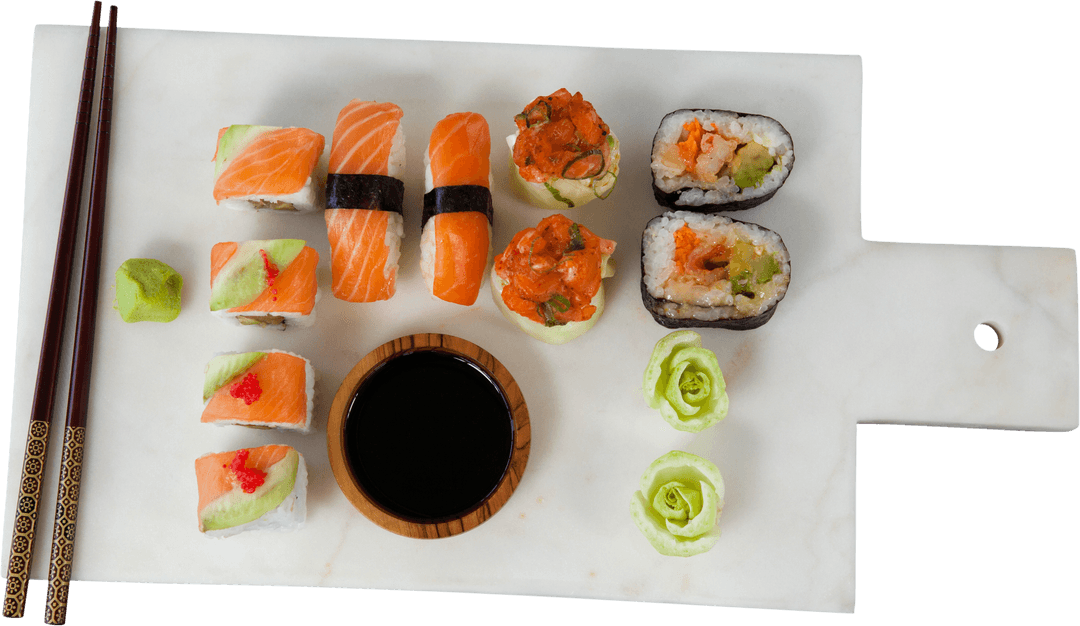 Transparent Sushi Selection on White Marble Platter with Chopsticks