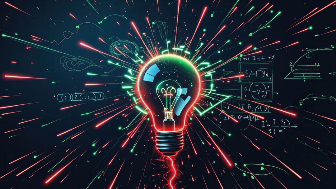 Futuristic Light Bulb with Neon Energy and Mathematical Concepts