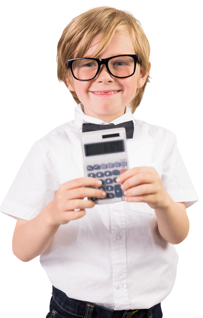Smiling Schoolboy with Calculator on Transparent Background