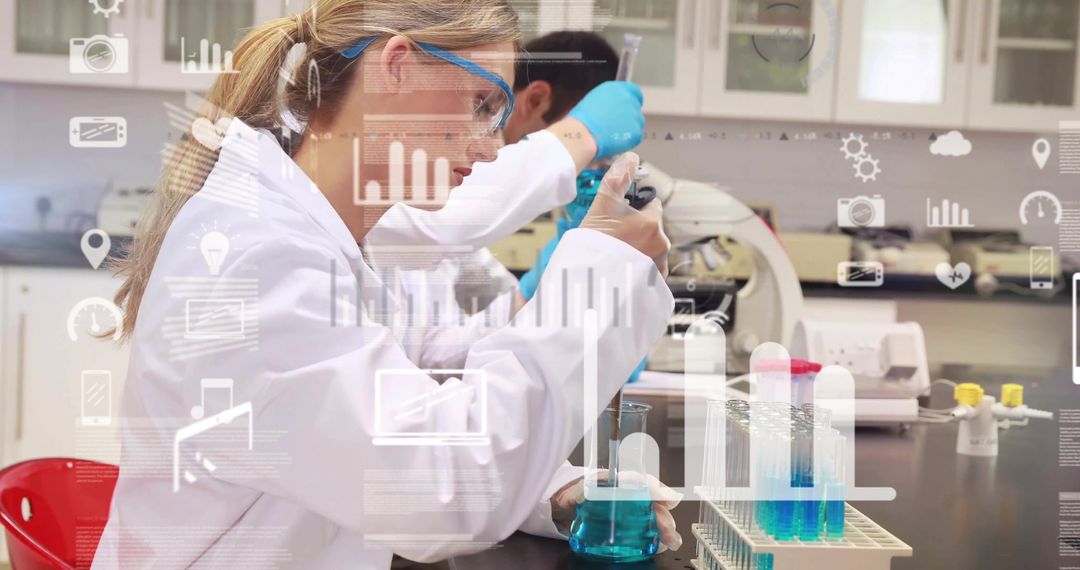 Lab researcher pipetting blue reagent wearing goggles gloves with microscope data overlay