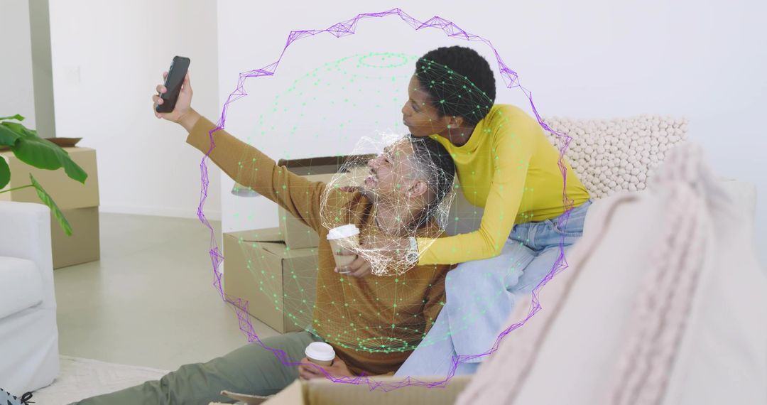 Couple taking selfie while unpacking with augmented reality overlay, cozy living space