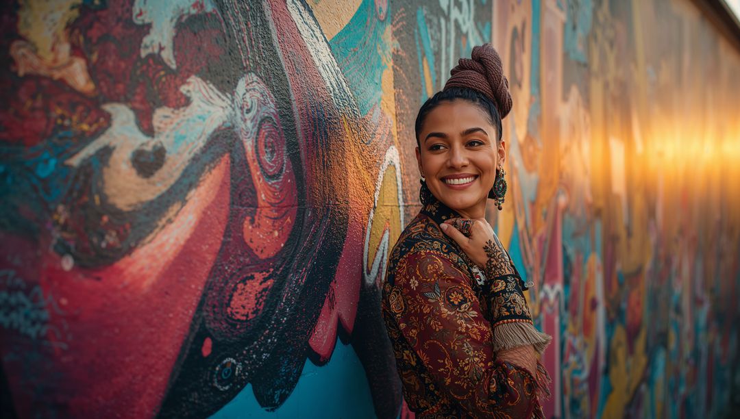 Leaning woman smiling by vibrant street art mural wearing patterned boho top and henna