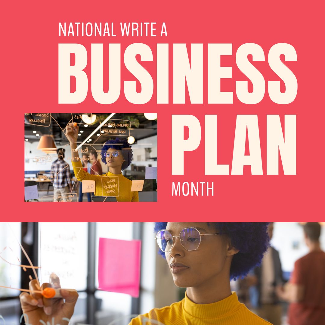 Composite of national write a business plan month text over diverse business people from Pikwizard