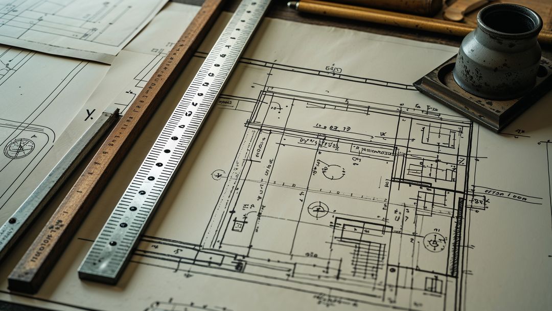 Architectural Blueprint and Rulers on Design Studio Table