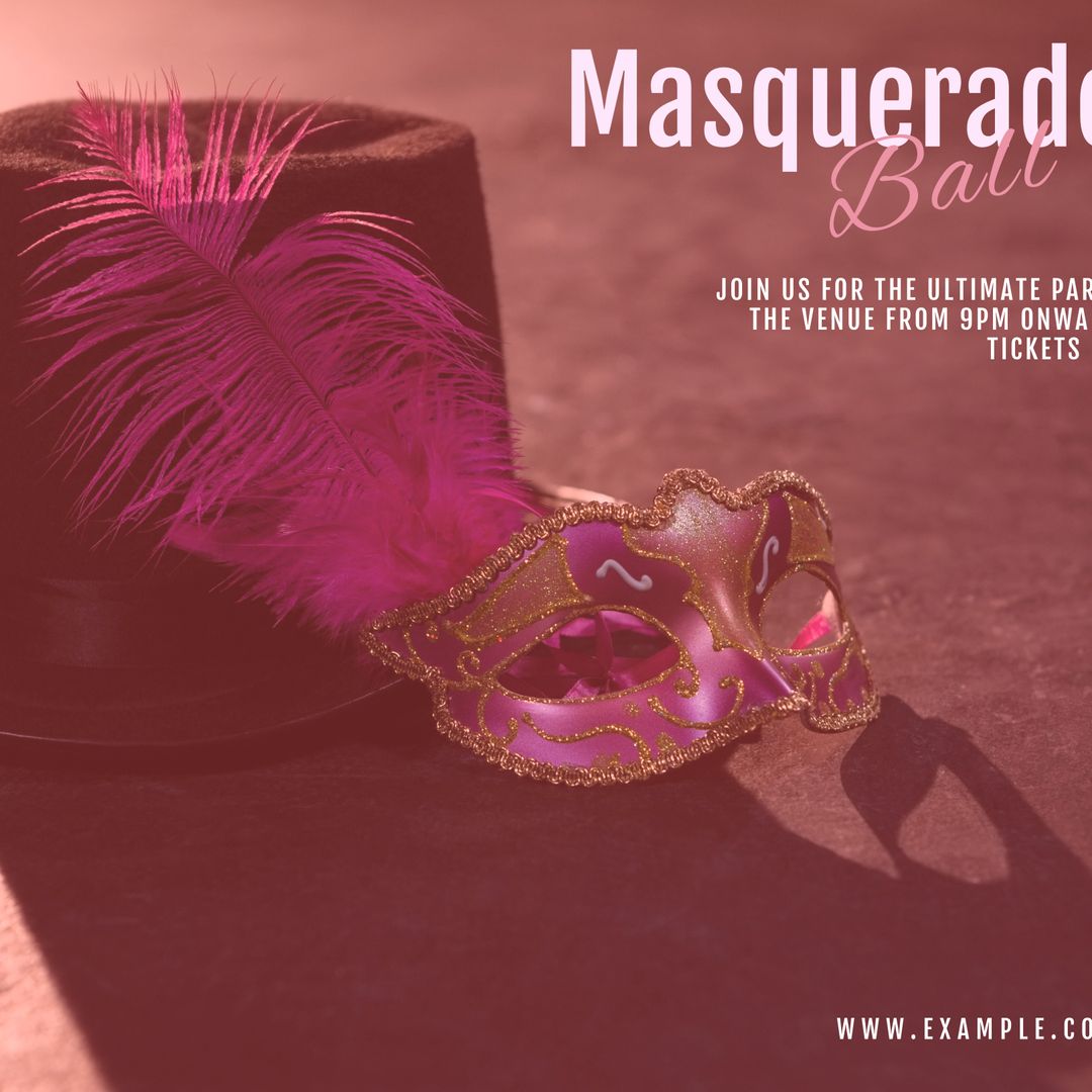 Mystic Masquerade Ball Invitation with Mask and Hat on Pink Background - Download Free Stock Templates Pikwizard.com