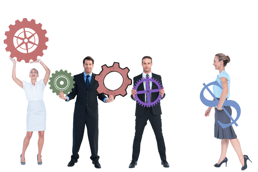 Business Team Holding Cogs and Dollar Sign Transparent Background