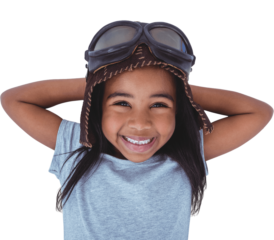 Transparent Portrait of Happy Girl Wearing Pilot Hat Relaxing