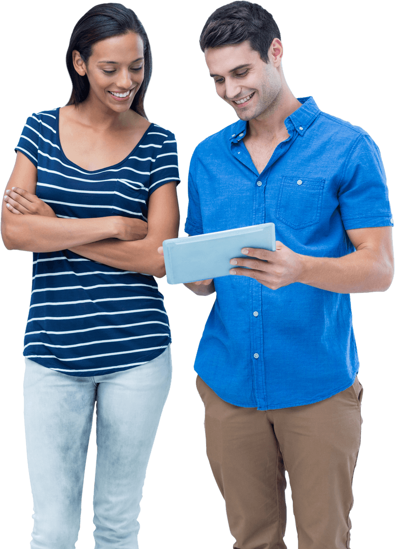 Diverse Couple Engaging with Tablet on Transparent Background