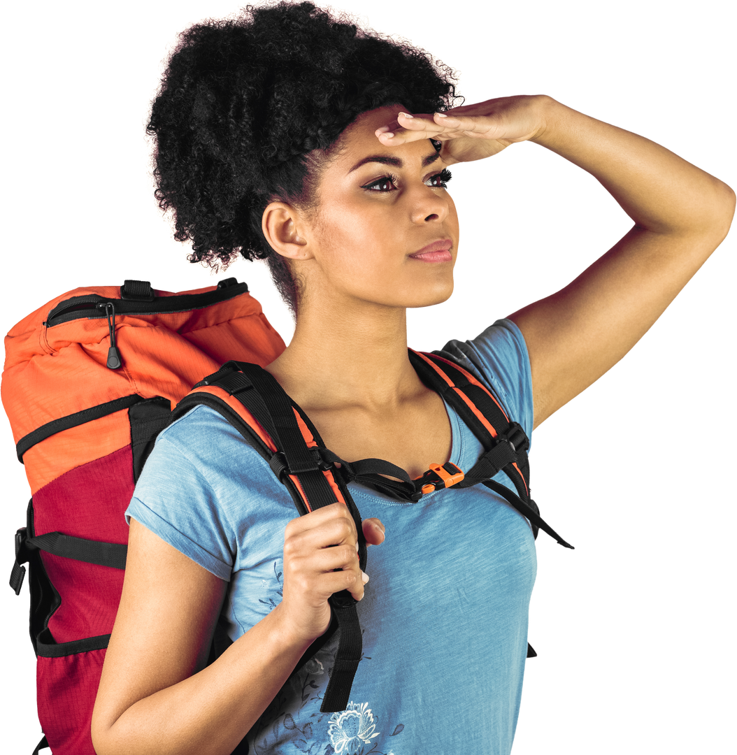 Young female hiker looking forward with hand near forehead, wearing backpack, transparent background - Download Free Stock Images Pikwizard.com