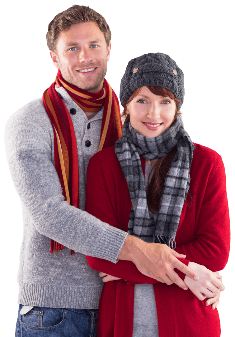 Happy Couple Embracing in Winter Attire on Transparent Background