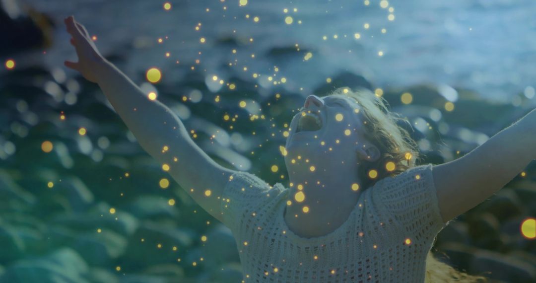 Joyful Woman Embracing Magic at Ocean Shore