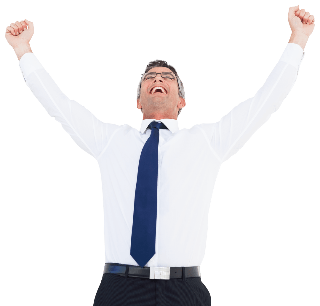 Excited Businessman with Transparent Background Cheering Success