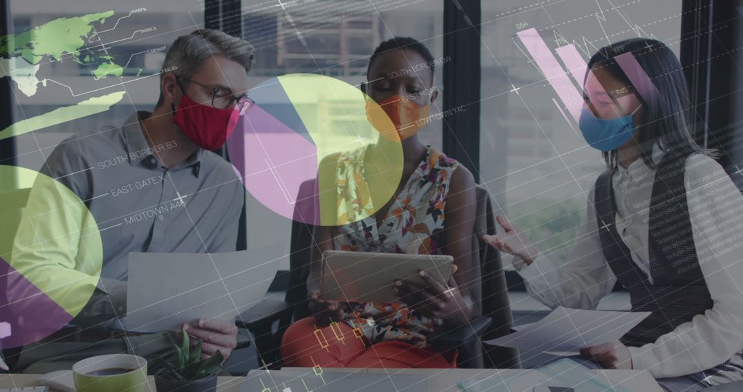 Business Team Analyzing Data with Overlaid Financial Charts