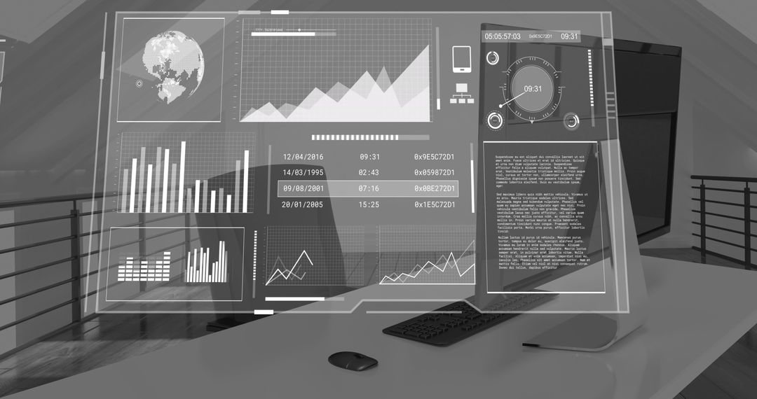 Digital Analytics Interfaces on Office Workstation Background