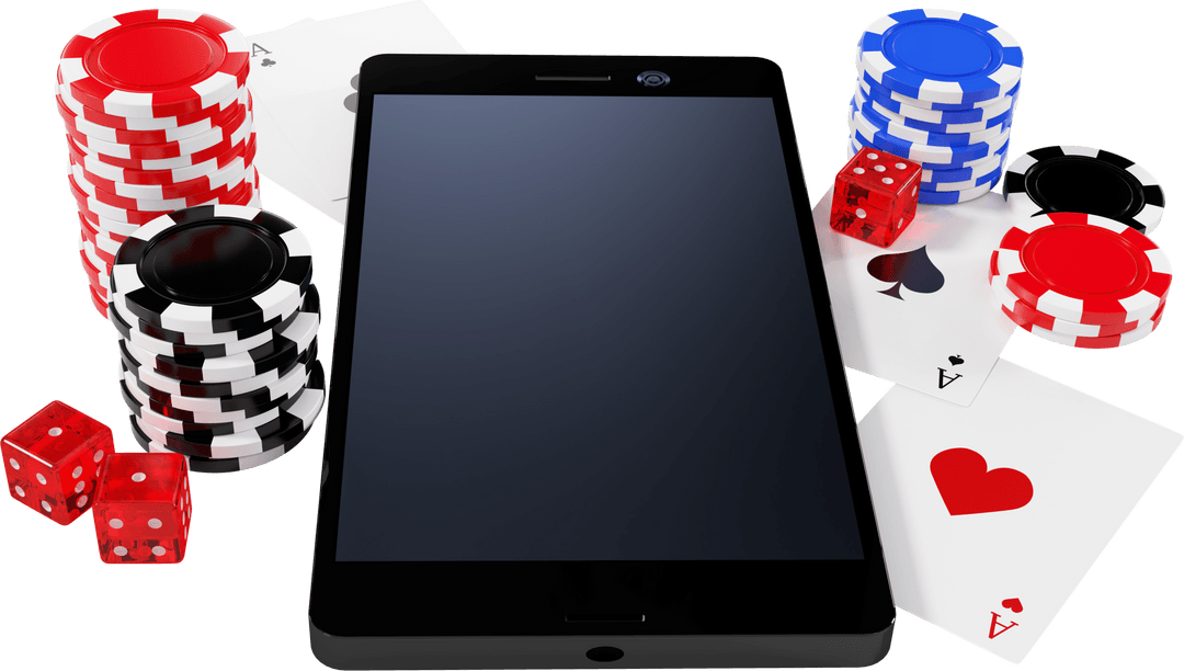 Transparent Smartphone with Casino Chips and Cards for Online Gaming