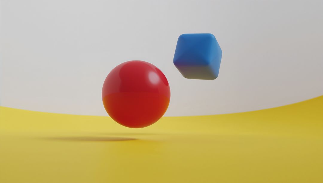 Floating Red Sphere and Blue Cube on Yellow Background