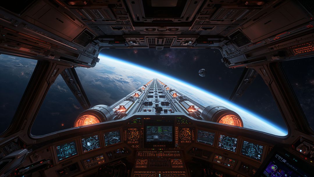 Futuristic cockpit piloting toward planet horizon with glowing thrusters and forward truss