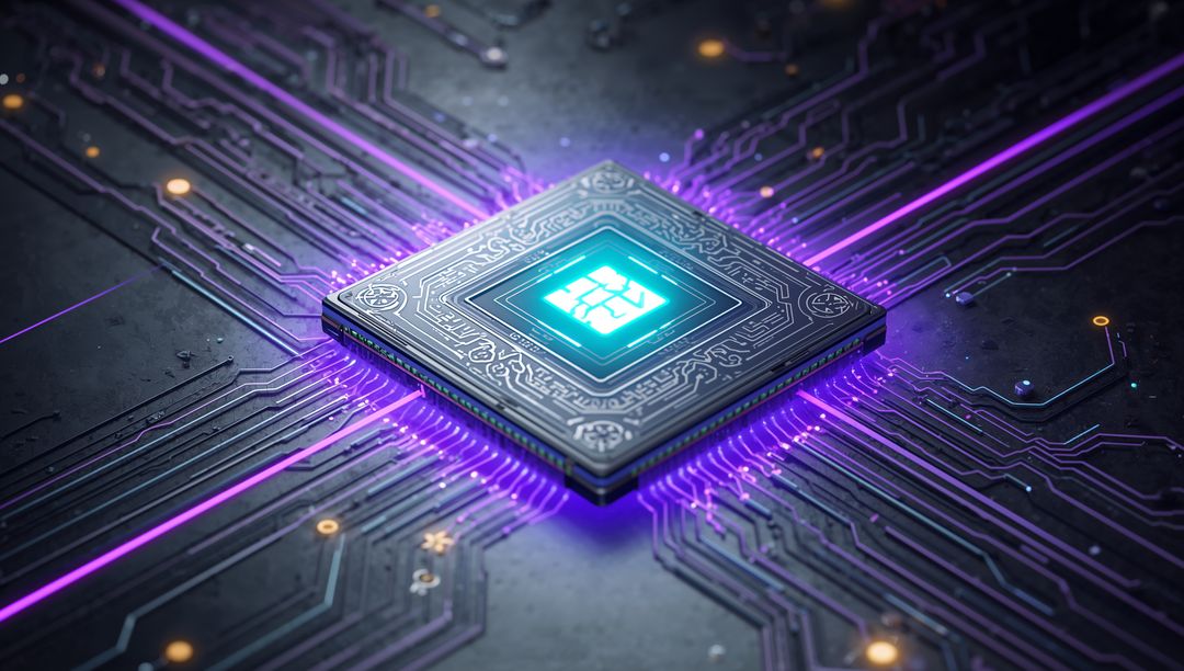 Futuristic Neon Microchip Powering Glowing Cyan Core with Radiating Purple Circuit Traces