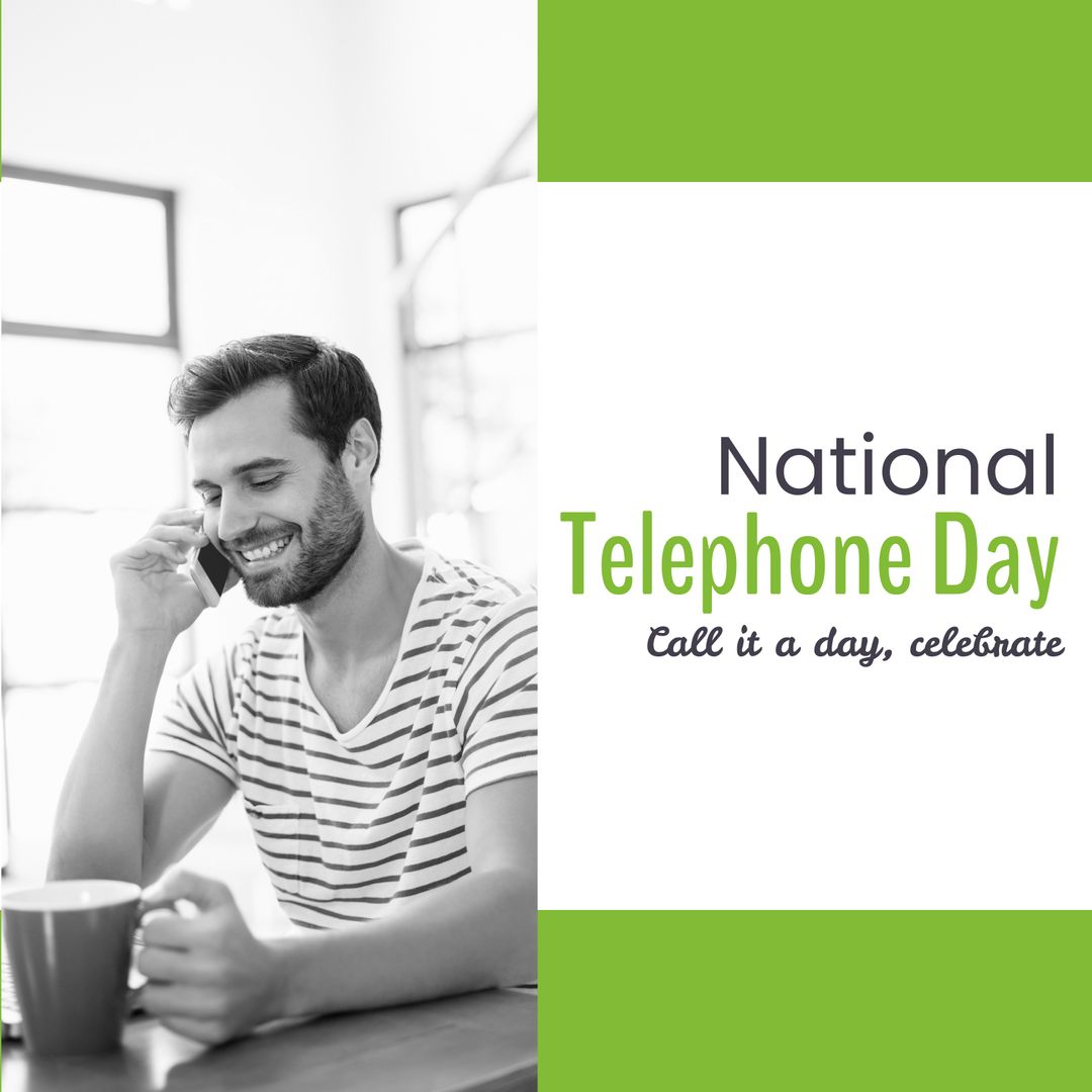 Smiling Man Celebrating National Telephone Day on Call