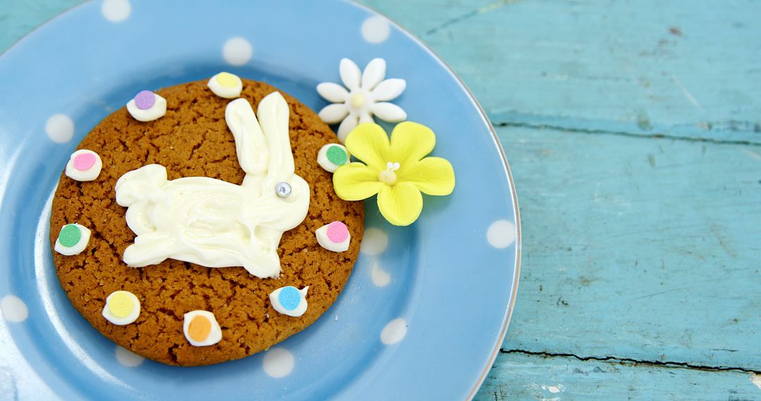 Easter Cookie with Bunny Icing Decor on Polka Dot Plate - Free Images, Stock Photos and Pictures on Pikwizard.com