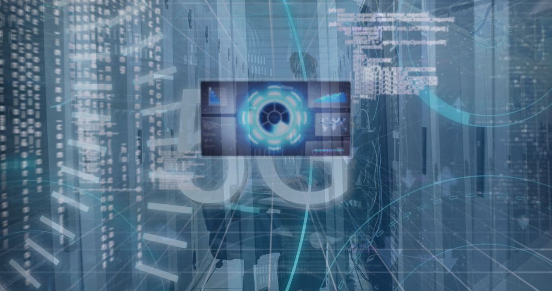 Futuristic Data Network Interface Concept with Servers and Digital Screen