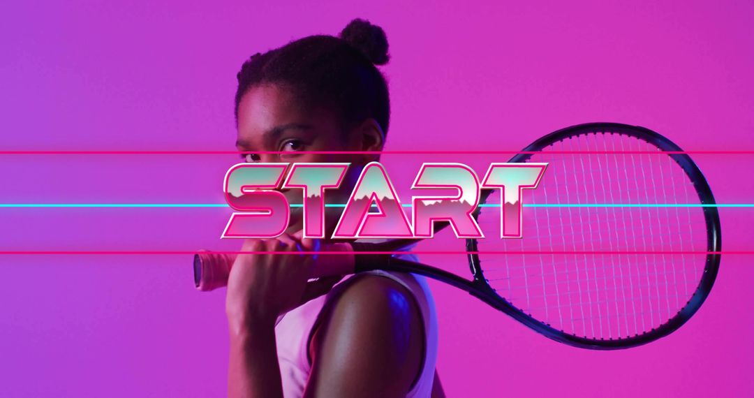 Neon Tennis Player Posing with Racket Over Shoulder and Retro START Scanline Graphic