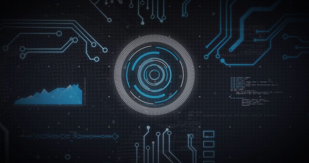 Futuristic Digital Interface with Data Visualization and Circuit Art