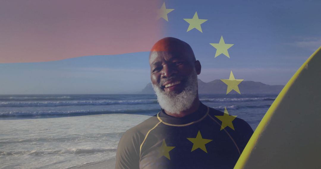 Smiling Man with Surfboard Beneath European Union Stars at Seaside