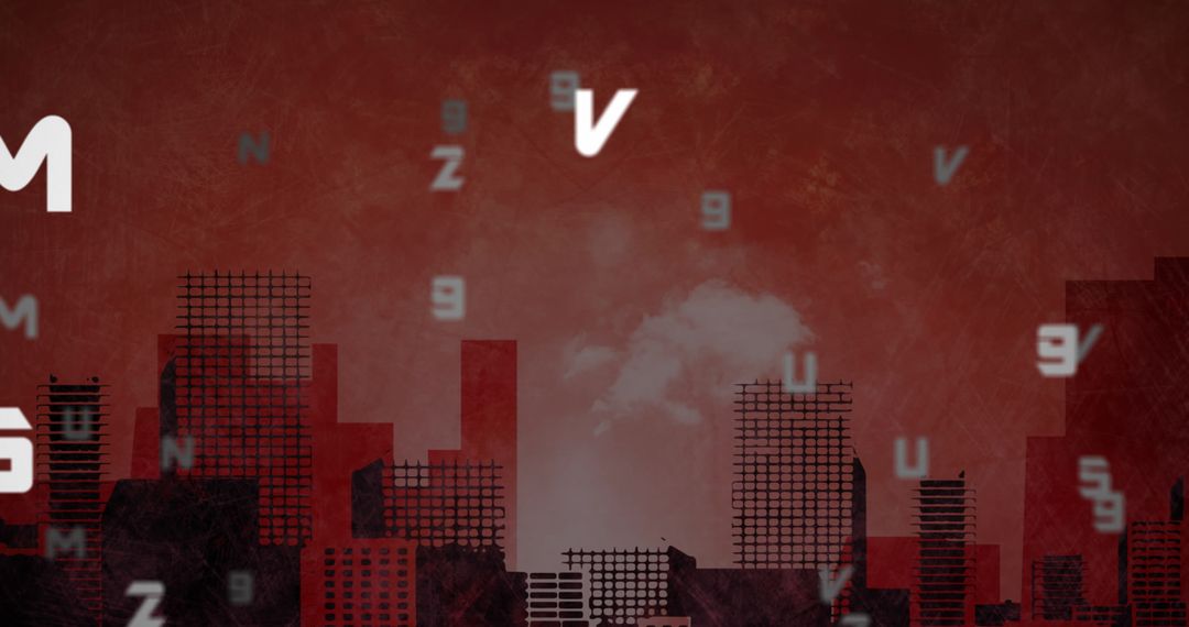 Digital Letters and Numbers Falling Over Futuristic Cityscape