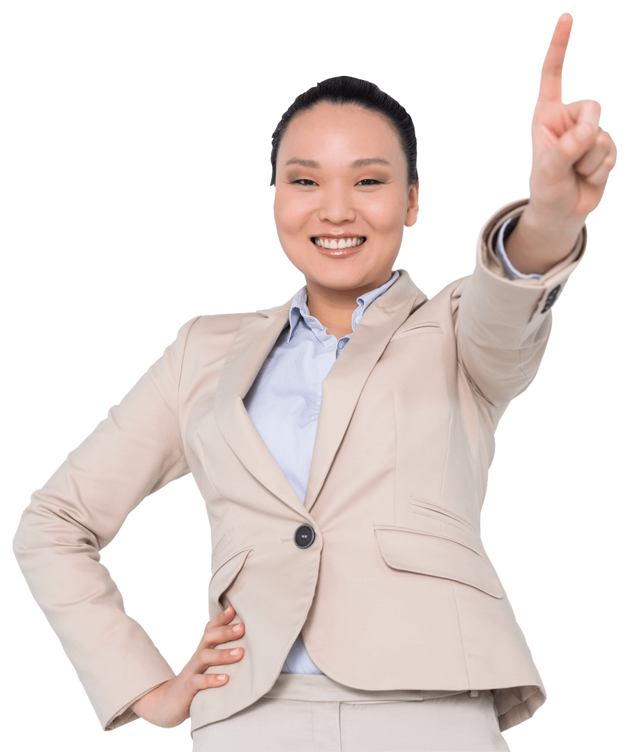 Smiling Asian Businesswoman Pointing Upward on Transparent Background