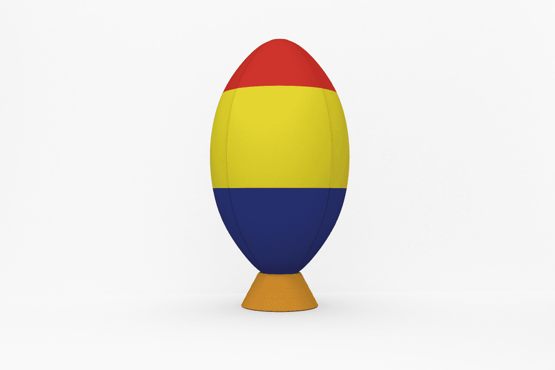 Transparent Romania Flag Rugby Ball on Stand with Minimalistic Background