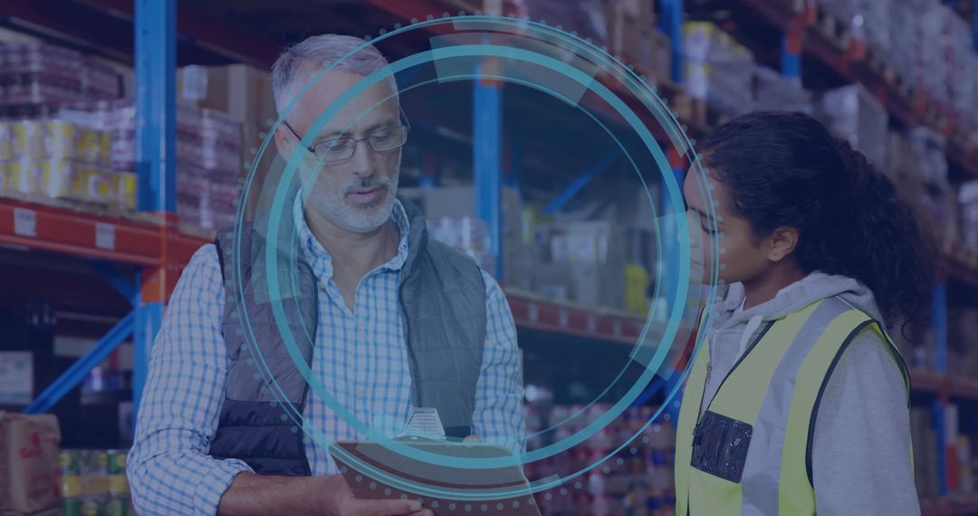 Warehouse Workers Analyzing Logistics with Digital Security Concept