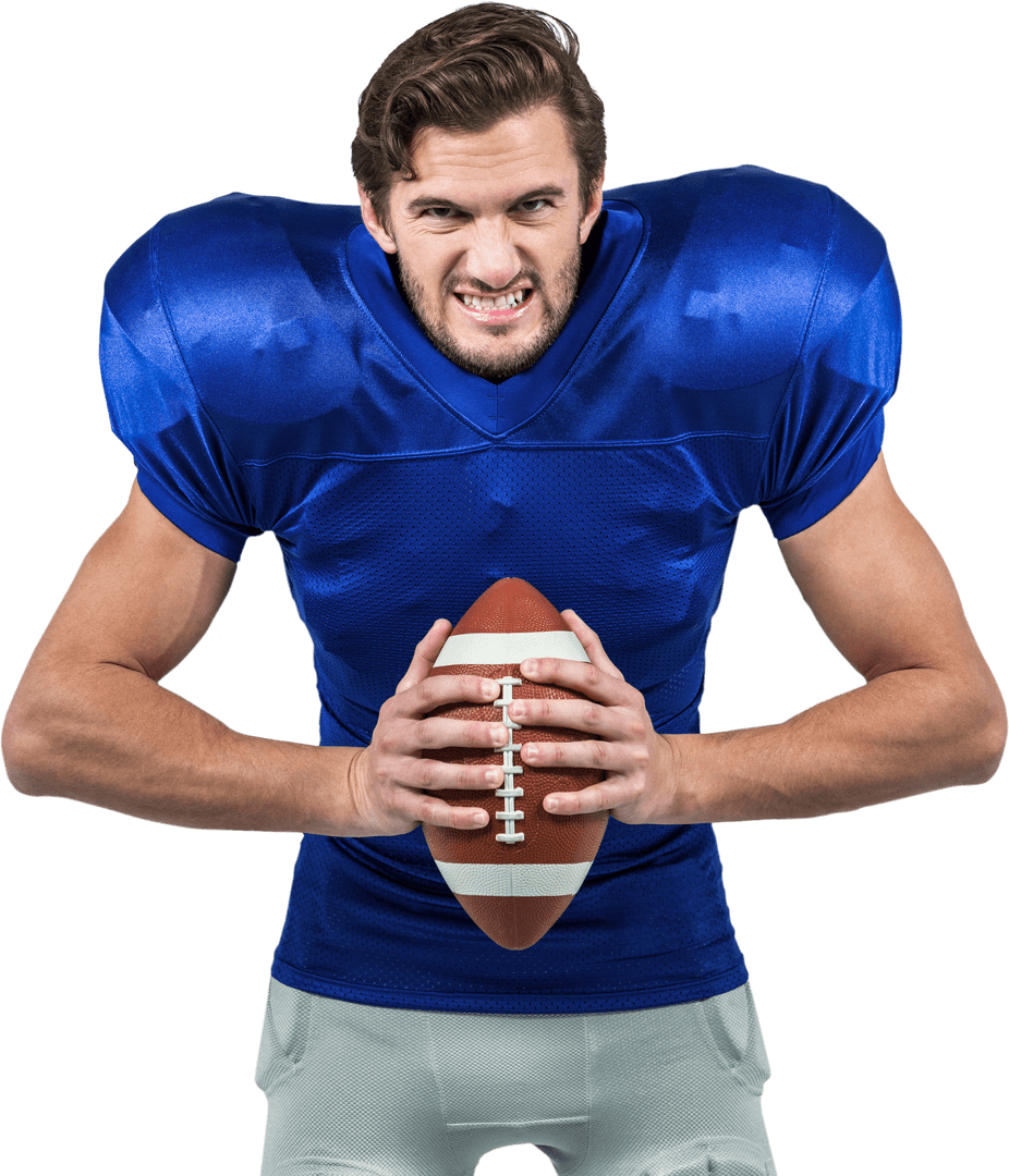 Aggressive American Football Player with Ball on Transparent Background