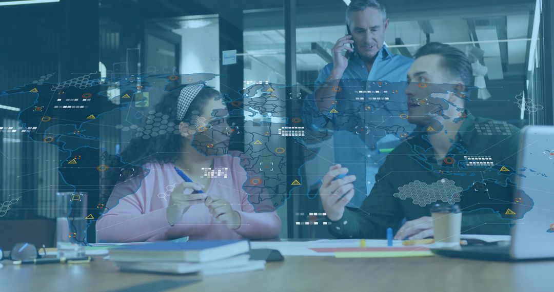 Team Discussing Global Data Strategy and Analytics Around Table with Digital Map Overlay