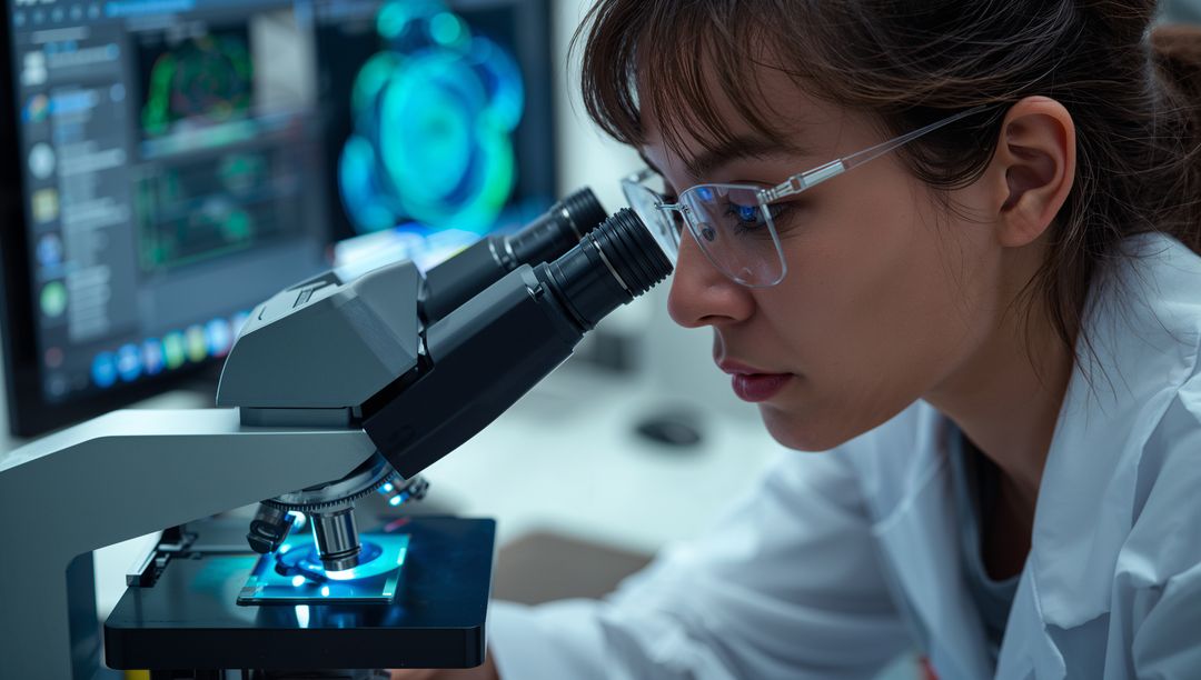 Female Scientist Observing Sample Through Microscope in Modern Lab With Digital Displays