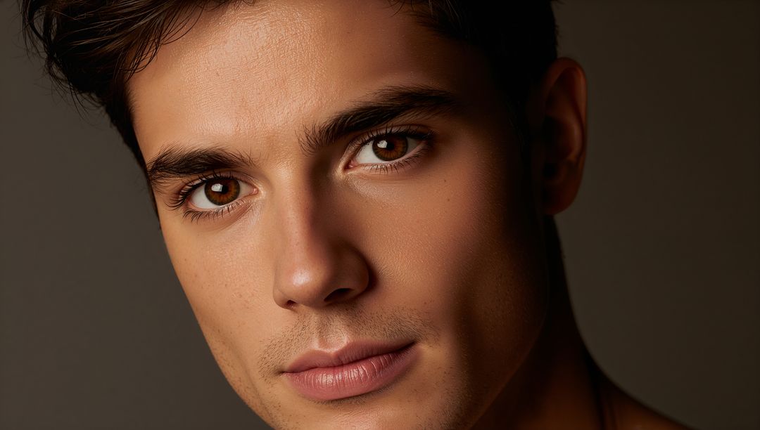 Young Hispanic Male with Symmetric Features in Warm Studio Lighting