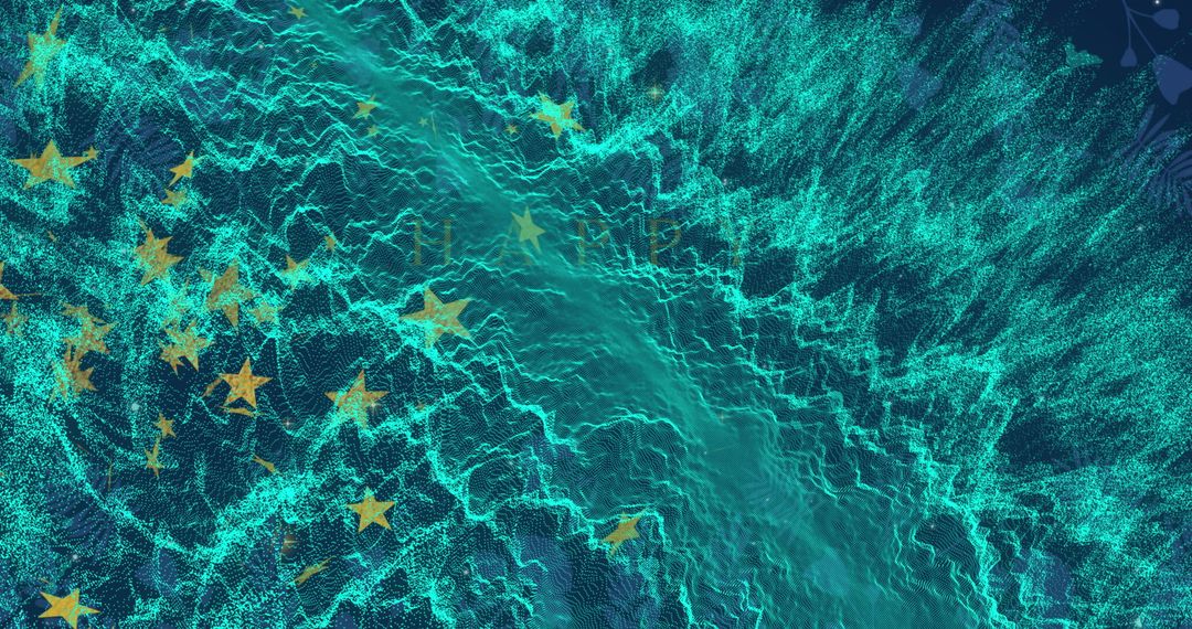 Futuristic Teal Waveform with Golden Stars in Digital Data Stream