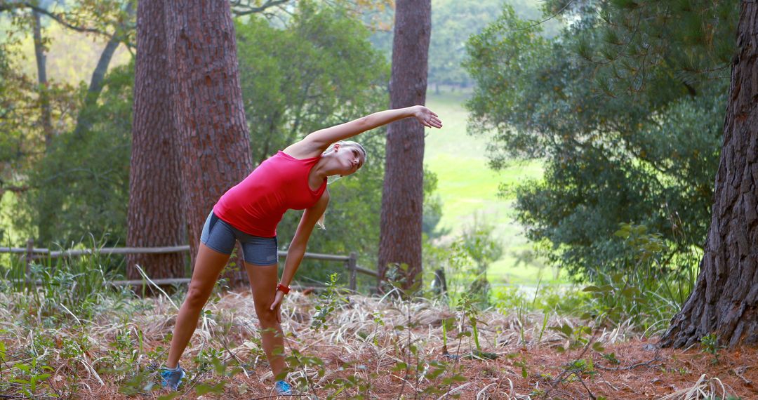 Woman Stretching in Forest Performs Side Leaning Pose - Free Images, Stock Photos and Pictures on Pikwizard.com