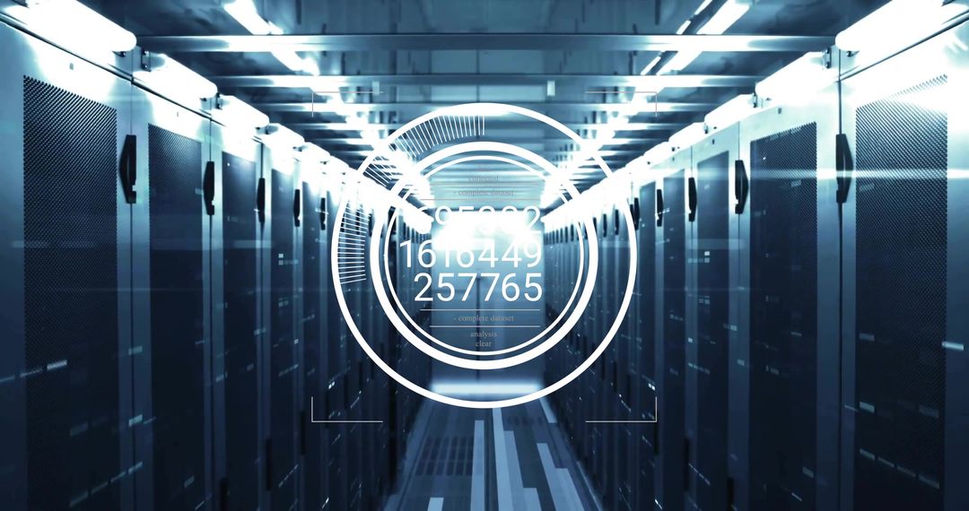 Futuristic Digital Overlay in Server Data Center Corridor