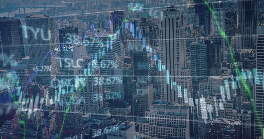 Cityscape with Stock Market Data Graphics Overlay